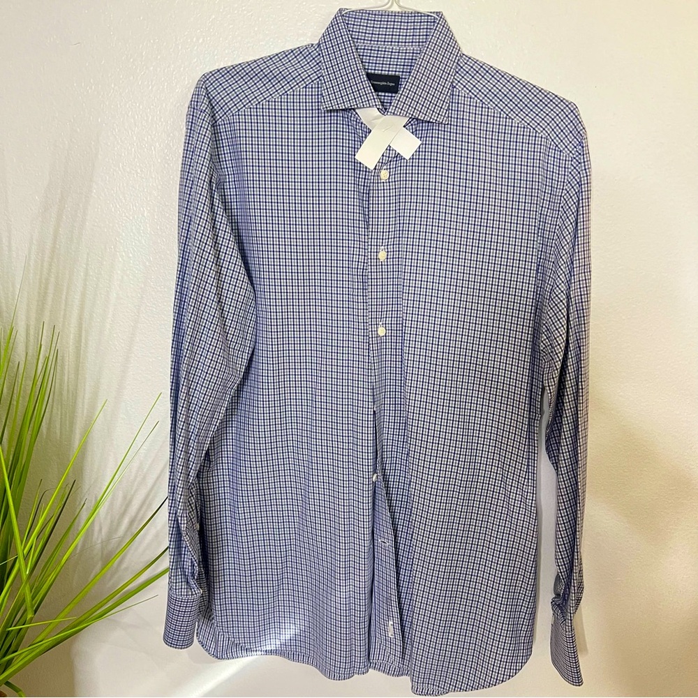 #61 Ermenegildo Zegna Gray & Blue Plaid Long Sleeved Button Shirt 16 1/5 NWOT